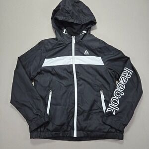 Reebok Windbreaker Jacket Mens Medium Black White‎ Hooded Lightweight Full Zip